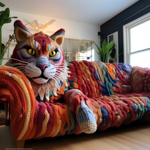 een gigantische gehaakte kat in een realistische woonkamer