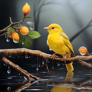 gele vogel op een tak in het water 2 door Kurt Heppke