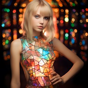 mooi blond meisje van 14 jaar draagt een kleurrijke tiffany-glas-in-lood jurk