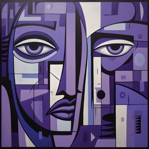 Paarse en grijze geometrische schilderij met paars oog 2