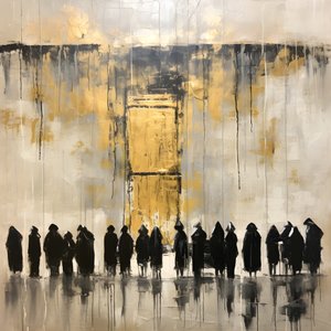 Zwart-wit geklede mensen die met hun gezicht naar de muur bidden 2
