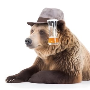 een beer met een hoge hoed en een bierpul van voren en van opzij op een witte achtergrond 1