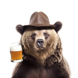 een beer met een hoge hoed en een bierpul van voren en van opzij op een witte achtergrond 2
