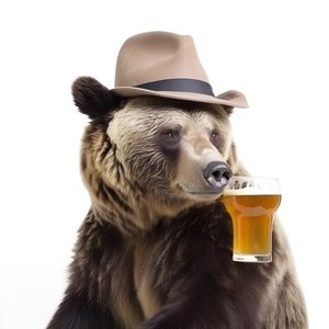 een beer met een hoge hoed en een bierpul van voren en van opzij op een witte achtergrond 4