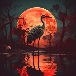 water en een grote vogel staand in de avond bij volle maan 1