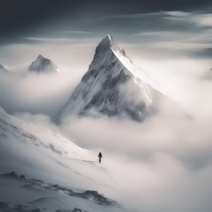 twee mensen aan het skiën boven een met wolken bedekte berg 1
