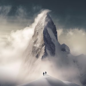 twee mensen aan het skiën boven een bewolkte berg 1