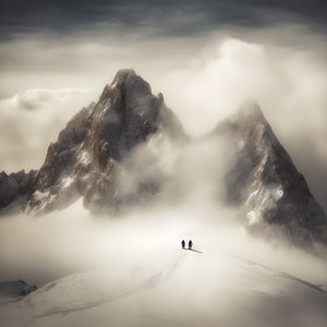 twee mensen aan het skiën boven een bewolkte berg 2 door Kurt Heppke