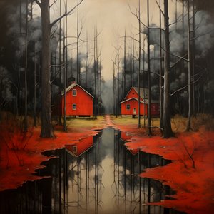 twee rode huizen in het bos 2