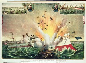 Vernietiging van het Amerikaanse slagschip Maine in de haven van Havana, 15 februari 1898 door Kurz and Allison