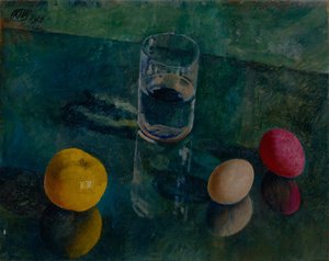 Stilleven tegen een groene achtergrond, 1924 door Kuzma Sergeevich Petrov Vodkin