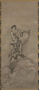 Hotei met Daoïstische onsterfelijken: Onsterfelijke rijdend op karper door Kyūseki Tomonobu