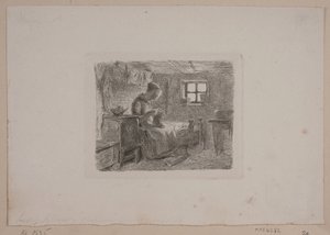 Boerenhuis met een breiende vrouw door L.A. Schou