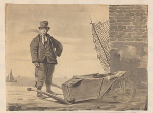 Rokende visser met kruiwagen