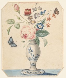 Vaasje met bloemen en een blauwe vlinder