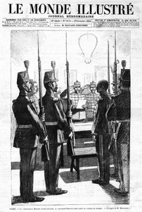 De commandant las, aan kapitein Alfred Dreyfus, het arrest van de krijgsraad, Parijs. Schets van de heer de Moulignie. In "Le Monde Illustré" Weekblad nr. 1970 van 29 december 1894.