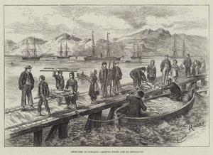 Schetsen in IJsland, het lossen van gedroogde kabeljauw in Reykjavik