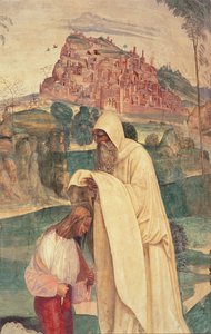 Leven van St. Benedictus, scène 4: De monnik Romanus kleedt Benedictus door L. Signorelli