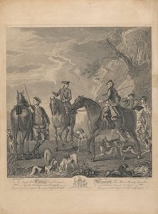 Een set van zeven, ongetiteld, elk opgedragen: Aan de Eerwaarde Thomas Lord Viscount Weymouth...van het originele schilderij in Long Leat Hall. [Ruiters en honden rustend in een rotsachtig landschap.] door L. Truchy