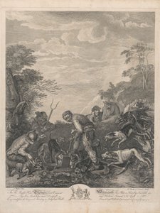 Een set van zeven, ongetiteld, elk opgedragen: Aan de Eerwaarde Thomas Lord Viscount Weymouth...van het Originele Schilderij in Long Leat Hall. [Drie mannen die een vossenhol uitgraven, gretig bekeken door honden...] door L. Truchy