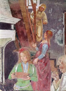 Jonge dienaar met een bord, detail van St. Benedictus ontvangt gastvrijheid, uit het leven van St. Benedictus, 1497-98 (detail)