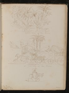 "Een palmbos in San Remo", een door paarden getrokken koets voor "een poort in San Remo", een vrouwelijke figuur te paard door Lady Butler