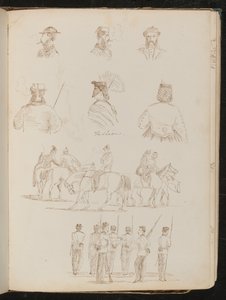 Vier studies van mannelijke bustes, twee van een vrouw met parasol, studie van een groep mannen en een vrouw te paard, studie van een groep soldaten