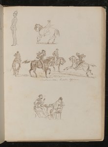 Soldaat in volledig uniform, studies van een jongeman met hengel te paard, vier mannen te paard met inscriptie "Piëmontese Cavalerie Officieren"
