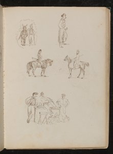 Studies van mannelijke figuren met paarden, studie van een rokende soldaat met zwaard, studie van drie fruitverkopers met kraam