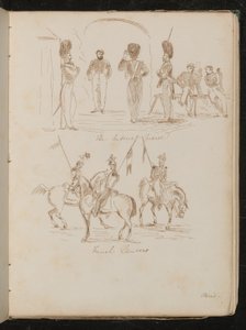 Studies van soldaten met inscriptie "Keizerlijke Garde", soldaten te paard met vlaggen met inscriptie "Franse Lansiers"