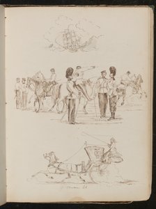 Studie van een schip op water, studie van acht soldaten en vijf paarden, studie van een paard en wagen met vrouwelijke ruiter