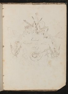 Studie van Kunstenaarsmaterialen, Vlinder, Bloemen, Vlaggen, Klifgezicht en Krans in Wapenschildformatie Rondom Inscriptie "Geëindigd 12 Augustus 1861" door Lady Butler