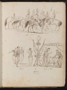 Studie van soldaten te paard met inscriptie "Life Guards", studie van groepen soldaten met vlaggen, rokend en drinkend
