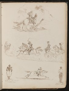 Studie van soldaten te paard die kanonnen trekken, twee uitzichten van artilleriemannen, een soldaat in vol ornaat op galopperend paard