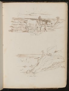 Studie van twee paarden in landschap met inscriptie "Wilde Paarden", studie van kustlandschap en klif met inscriptie "een zigzagweg"