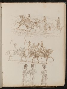 Studie van twee vrouwen en een man rijdend in heuvelachtig landschap, studie van soldaten te paard, studie van drie wachters in gesprek
