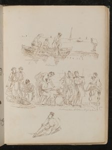 Drie figuren in een roeiboot met opschrift 