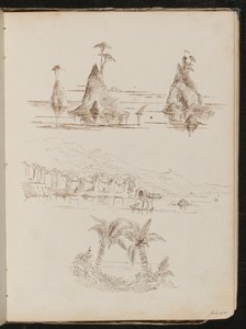 Drie studies van rotsachtige eilanden, een waterrijk landschap met mensen en boten, en palmbomen door Lady Butler