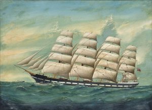 Het viermastschip Romsdal vaart door de golven