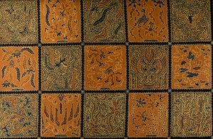 Batik met traditioneel ruitpatroon, Surakarta, Java, Indonesië (detail)