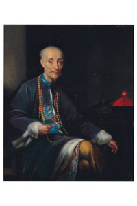 Portret van Houqua, driekwart lengte, zittend, in een interieur