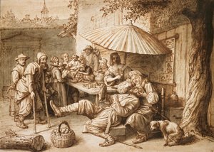 Een kwakzalver tandarts die een tand van een boer trekt, laat 17e eeuw door Lambert Doomer