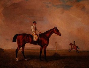 Bruine renpaard met jockey op een renbaan door Lambert Marshall