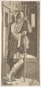 Sint Jacobus Major leunend op een paal voor een nis, zijn linkerbeen over zijn rechter gekruist, 1545 door Lambert Suavius