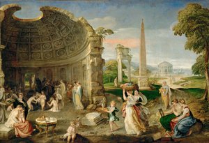 Landschap met antieke ruïnes en badende vrouwen ... (olieverf op doek) door Lambert Sustris