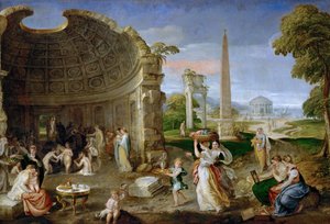 Landschap met antieke ruïnes en badende vrouwen door Lambert Sustris