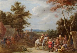 Een kampement met soldaten die kaarten, ca. 1660