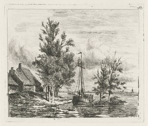 Rivierlandschap met zeilschip en boerderij door Lambertus  Hardenberg