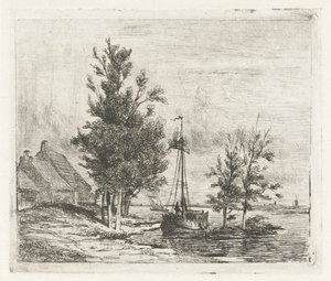 Rivierlandschap met zeilschip en boerderij door Lambertus  Hardenberg