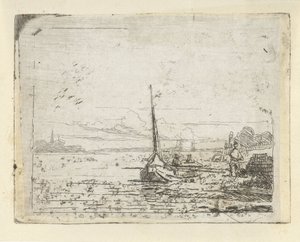 Schip aan een oever door Lambertus  Hardenberg